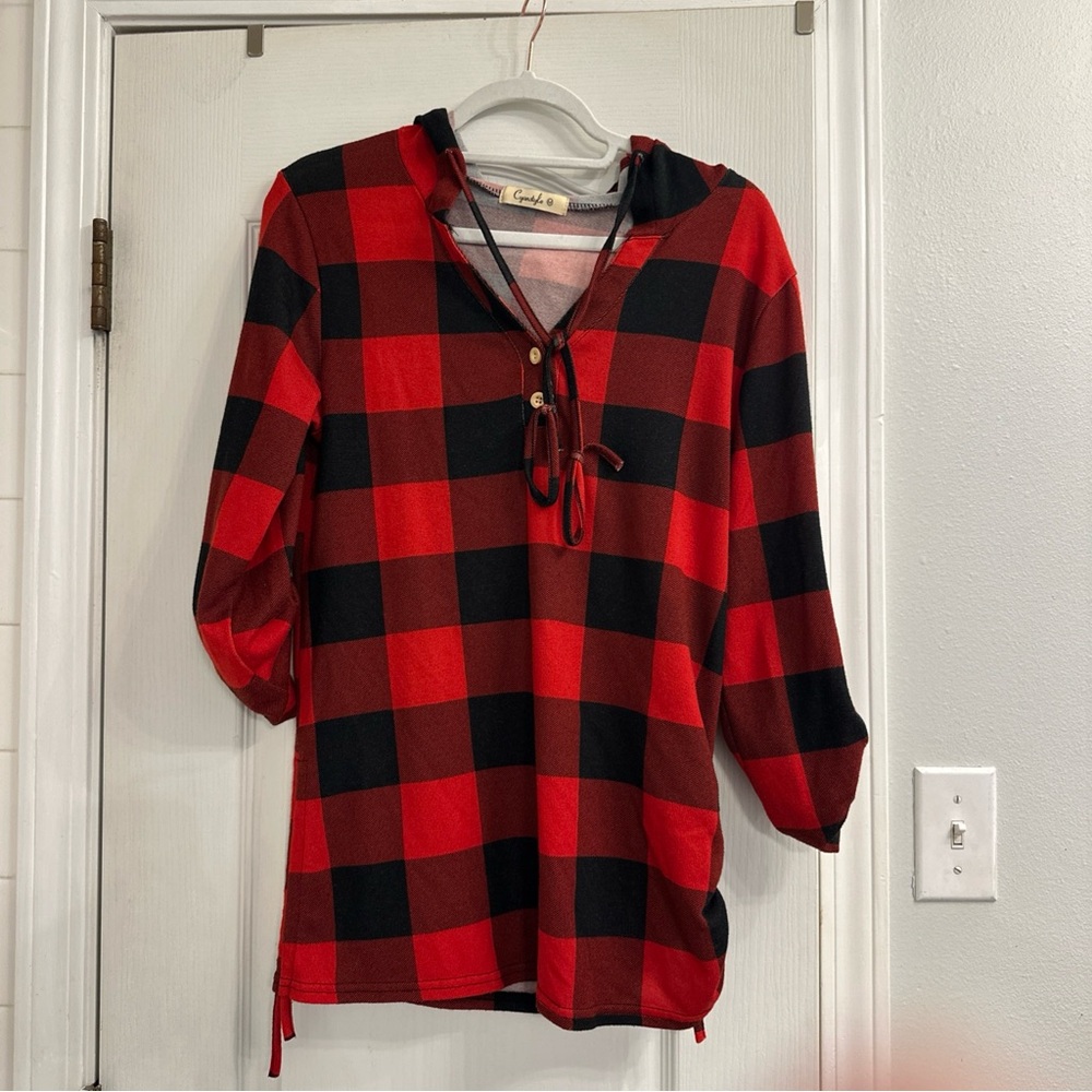 Cyanstyle Women’s Med Tartan Side Button  Sleeves Loose Pullover Tunic Hoodie